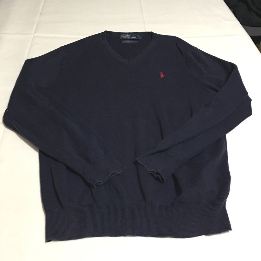 Polo Ralph Lauren V-Neck Sweater Mens Large Navy Blue Pima Cotton